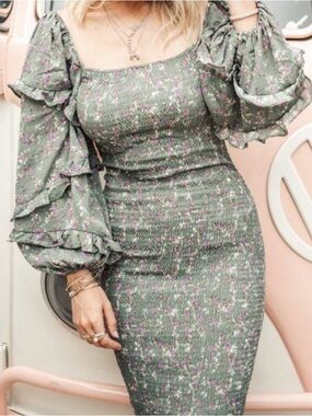 Petal & Pup Leia Smocked Midi Dress Sage 4 Sage Green Puff Sleeves Cottagecore